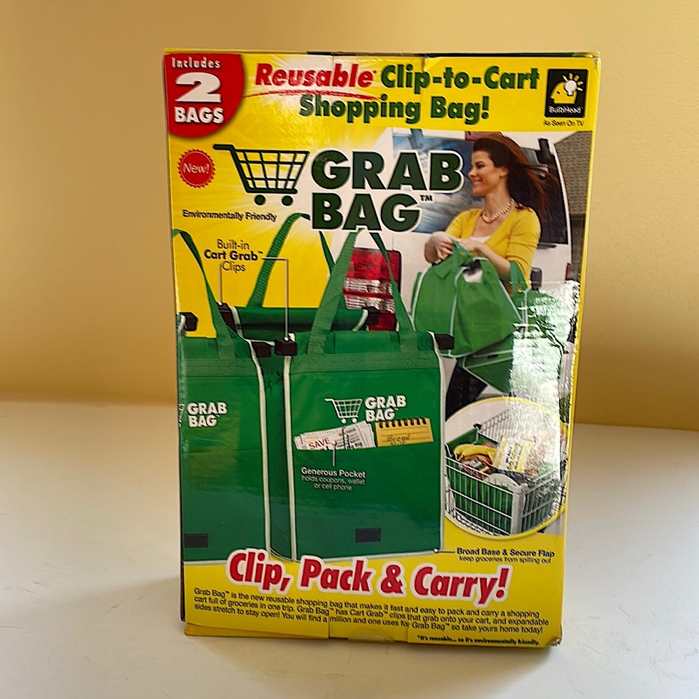 Green Grab Bag 2 Pack - Reusable Clip to Cart Shopping Bags - As Seen on TV